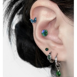 二十二丁目绿色锆石耳钉高级感耳骨钉蝴蝶耳蜗钉墨绿水滴耳圈耳环